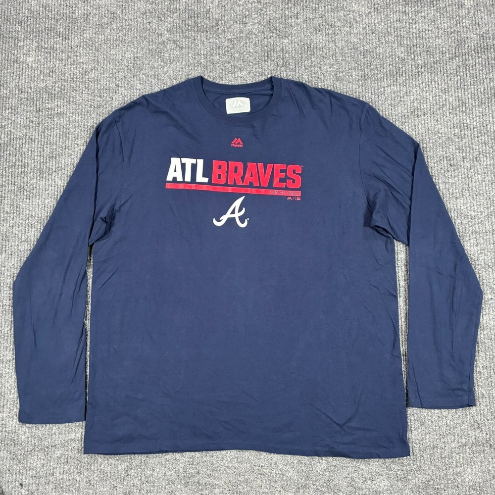 Majestic Atlanta Braves Long Sleeve Shirt Mens 2XL MLB Navy Baseball Graphic Tee